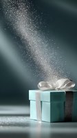 Elegant turquoise gift box with silver ribbon emitting magical sparkling dust against dark teal background, creating festive holiday atmosphere.