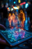 Glowing holographic figures emerge from smartphone screen with colorful light particles against dark urban background with bokeh lights, representing digital transformation.