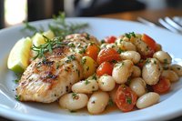 Grilled chicken breast served with white bean salad, cherry tomatoes, fresh herbs and lemon wedge on white plate, close up view of healthy Mediterranean meal.