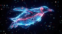 Futuristic digital bird made of glowing neon lines and particles flying through dark space with colorful light effects and energy trails.