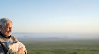 Senior man with gray hair and beard, wearing casual clothing, holding a small dog while gazing at expansive rural landscape during golden hour. Suitable for lifestyle, pet companionship, and aging themes.