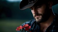 Bearded Caucasian man in cowboy hat and plaid shirt holding red gerbera daisies against dark background, moody atmospheric portrait capturing rustic masculinity and gentle nature.