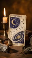 Mystical tarot card The Cosmos with celestial moon stars and galaxy design beside burning candle on wooden table for spiritual divination readings.