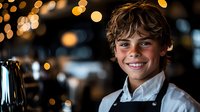 Young male barista in white shirt and black apron smiling at camera with warm bokeh lights in background. Professional hospitality service setting creates welcoming atmosphere.