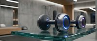 Pair of modern dumbbells with blue accents on glass surface in contemporary gym interior with concrete walls and wooden elements, suitable for fitness and wellness content.