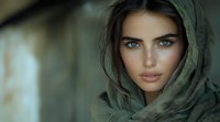Young woman with striking blue eyes wearing olive green hijab headscarf, looking directly at camera with natural makeup and serene expression against blurred background.