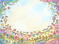 Whimsical fantasy landscape with colorful village, hot air balloons, stars, and decorative bunting border on isolated white background, suitable for children's designs, invitations, and nursery decor.