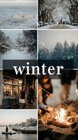 Winter mood board featuring snowy landscapes, cozy gatherings around campfire, and urban scenes with snow-covered streets and trees.