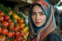 Young Middle Eastern woman in colorful hijab shopping at local produce market, standing near display of fresh red tomatoes and vegetables.