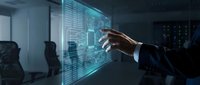 Businessman touching futuristic holographic interface with data analytics in modern office environment for technology presentations.