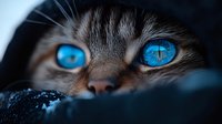 Close up portrait of cat with bright blue eyes peeking through dark fabric, mysterious feline gaze against black background, dramatic pet photography.