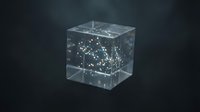 Transparent cube container filled with glowing white particles and light effects floating inside against dark background for digital design projects.
