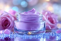 Luxurious purple face cream in glass jar surrounded by pink roses and crystal decorations on soft bokeh background, cosmetic skincare product photography.