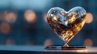 Metallic heart sculpture reflecting golden light against blurred bokeh background, romantic mood setting for love concepts and Valentine's celebrations.