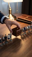 Business executive hand stamping approval on miniature office workers representing corporate hierarchy and management control in workplace.