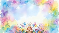 Watercolor birthday party frame with cake, balloons and gifts on white background. Colorful celebration border for invitations and greeting cards.