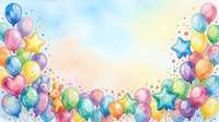 Colorful balloons and stars frame a soft watercolor background, creating a festive celebration scene. Ideal for party invitations, greeting cards, and event designs.
