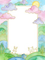 Watercolor frame with pastel clouds, sun, hills and cute animals creating blank space for text or photos. Childlike artistic border for invitations.