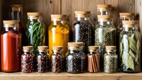 Collection of glass spice jars with cork lids containing colorful herbs and spices arranged on wooden shelf against rustic wood background for cooking.