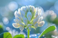 White clover flower with morning dew drops against blurred blue bokeh background, soft natural lighting creates dreamy atmosphere for nature photography.