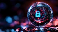 Digital security concept with glowing padlock icon inside glass sphere surrounded by binary code circles on dark background with red light effects.