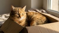 Orange tabby cat sleeping peacefully in cardboard box by sunny window. Cozy feline resting in warm sunlight streaming through glass pane indoors.