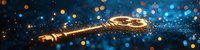 Golden vintage key lying on dark surface with magical glowing blue and gold bokeh lights creating mystical atmosphere against starry background.