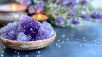 Purple amethyst crystal clusters in wooden bowl with glowing candles and lavender flowers on dark stone background, creating serene spa atmosphere.