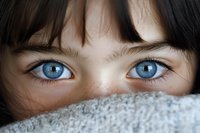 Close-up view of bright blue eyes and dark bangs peeking over gray knitted fabric, creating mysterious and innocent mood for lifestyle and beauty concepts.