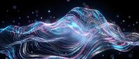 Glowing neon wave with flowing lines and particles on dark background, suitable for tech, digital art, and modern design projects.