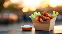 Spicy chicken wings with celery sticks in takeout box, served with dipping sauce on wooden table against blurred bokeh background at sunset.