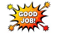 Comic book style burst with Good Job text in bold letters on orange and yellow gradient background with explosive star elements.