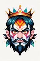 Fierce crowned king with kabuki-style face paint and dramatic beard in vibrant colors against white background, stylized geometric art for gaming and mascot designs.