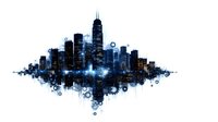 Modern cityscape skyline with glowing blue elements and mirror reflection effect, featuring skyscrapers and urban architecture in artistic watercolor style.