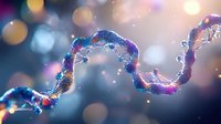 Glowing spiral DNA strand with blue and purple bioluminescent effects against blurred bokeh background, representing genetic research and biotechnology advancement.