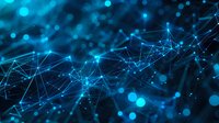Glowing blue network connections with bokeh light effects on dark background create futuristic technology visualization for business and science concepts.