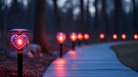 Illuminated heart-shaped lanterns line curved pathway at dusk, creating romantic atmosphere with warm red glow reflecting on walking trail. Bokeh lights extend into distance.