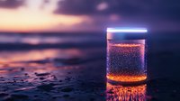 Glowing cocktail glass with luminous liquid against dramatic sunset sky, water droplets on dark surface create atmospheric mood for beverage photography.
