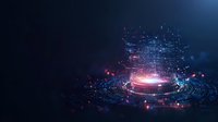 Futuristic digital hologram with glowing particles and light effects on dark background creates atmospheric cyberpunk scene with circular platform.