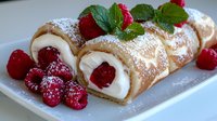 Fresh raspberry cream roll cake dusted with powdered sugar and garnished with mint leaves and fresh berries, served on white plate. Close up view of dessert.