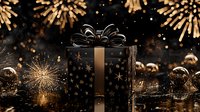 Elegant black gift box with gold stars and bow against dark background with festive fireworks and sparkles, creating luxurious holiday atmosphere.