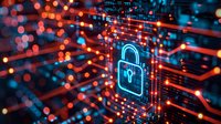 Digital security concept with glowing blue padlock icon on circuit background with red light trails, perfect for cybersecurity and data protection presentations.