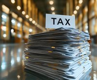 Large stack of tax documents and paperwork with TAX sign on top in modern office hallway with warm lighting for accounting and finance concepts.