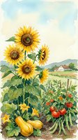 Watercolor painting of sunflowers in countryside garden with tomatoes and squash, rural farm landscape with house, organic vegetable gardening scene.