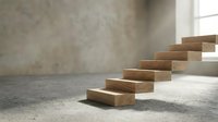 Wooden staircase steps ascending diagonally across concrete floor in minimalist interior space with natural light from window.