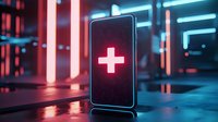 Glowing medical cross on smartphone screen in futuristic neon environment with red and blue lighting effects, modern healthcare technology concept.