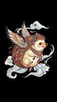 Winged hedgehog with ornate feathers and Asian-style clouds, isolated on transparent background. Great for t-shirts, stickers, print on demand, and sublimation designs.