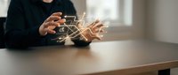 Businesswoman holding glowing light bulb with sparkling energy effect on wooden desk, representing innovation, creativity, and bright business ideas for corporate success.
