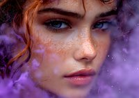 Close up portrait of young woman with freckles and natural makeup surrounded by purple smoke effect, showing intense gaze and sensual expression.
