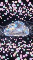 Glowing neon cloud with circuit board pattern and flowing digital lines surrounded by soft pink and cyan bokeh lights on dark background for technology and cloud computing concepts.